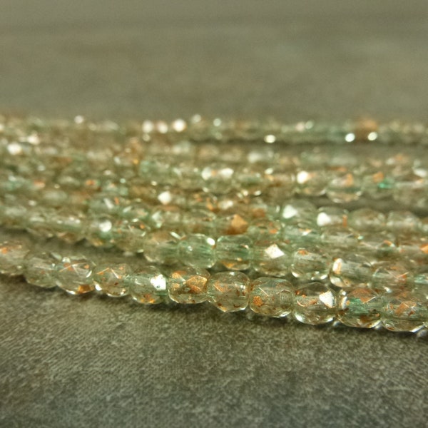 50pc Pale Green/Copper Splash Faceted Round Beads, 4mm, Czech Glass Firepolish