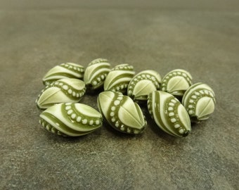 20pc Olive Green Vintage Beads, Plastic, 18x10mm Twisted Dotted Oval