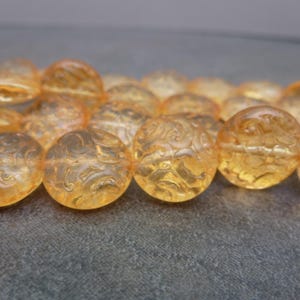 15pc Medium Orange Ornamental Coin Bead, 13mm Czech Pressed Glass, Engraved Swirl, Puffed
