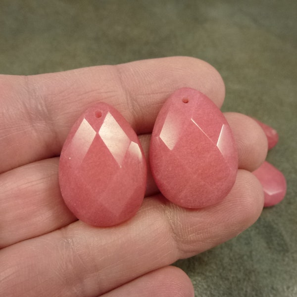 4pc Rose Pink 'Jade' Gemstone Beads, 25x18mm Faceted Teardrop, Front Drill, Serpentine Stone