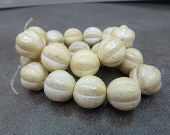 10pc Cream Mercury Jumbo Melon Beads, 14mm Czech Pressed Glass Fluted Round