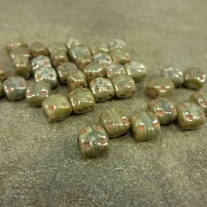 25pc Earthy Green-Brown Travertine Silky Cross Beads, 6mm Straight Two Hole Czech Pressed Glass