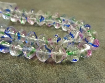 8pc Crystal Rainbow Blend Faceted Saucer Beads, Faceted Czech Glass, 7x9mm Saturn, Firepolished, Clear with Blue, Green and Pink