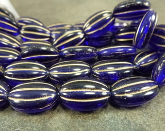 6pc Cobalt/Gold Oval Melon Beads, 17x11mm Czech Pressed Glass, Flat Fluted