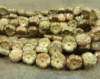 10pc Fall Travertine Mix/Gold Etch Hawaiian Flower Beads 10mm Czech Glass