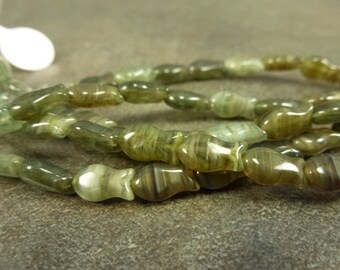 22pc Moss Mini Fish Beads, 9x5mm Czech Pressed Glass, Green Blend