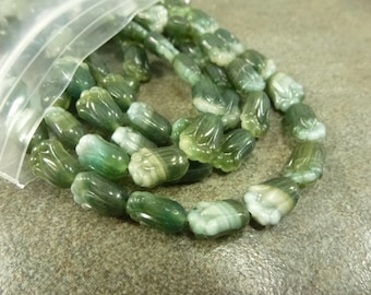 Dark Olive/White Tulip Czech Pressed Glass 11x7mm Flower 16" Strand with 38pc