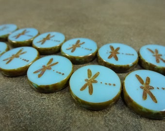4pc Dark Sky Blue Dragonfly Coin Beads, 17mm Table Cut Czech Glass, Picasso Wash/Edge, Premium Beads