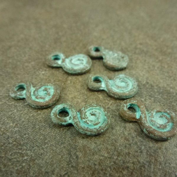 10pc Mykonos Greek Flat Spiral Drops, 14x8mm Charm, Copper Metal Casting, Green Patina
