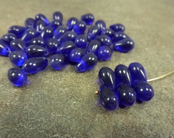100pc Bulk Deal, Cobalt Czech Glass Teardrop Beads, 9x6mm, Side Drilled Pressed Glass