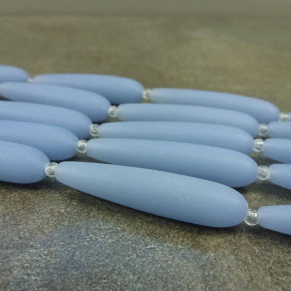 Milky Periwinkle Blue Matte Cultured Sea Glass Long Teardrop 38x9mm 5pc strand Frosted Glass