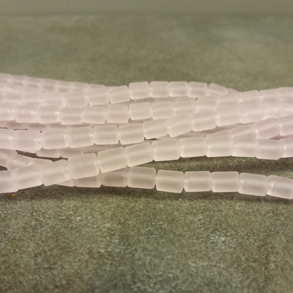 Pink Cultured Sea Glass Tube Beads 5x4mm Cylinder, 72pc, 16" Strand, Frosted Glass