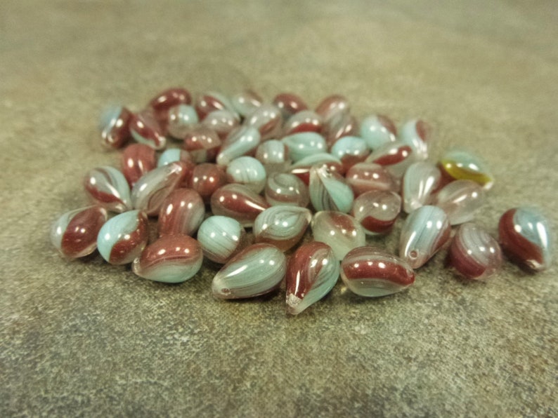 Dark RedMint Aqua Stripe Czech Glass Teardrop Beads 9x6mm 25pc