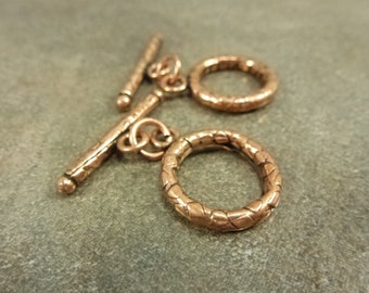 Genuine Copper Textured Round Toggles 22x17mm with 26mm Bar, 3 pieces, Bali Style Metal Clasp Closure
