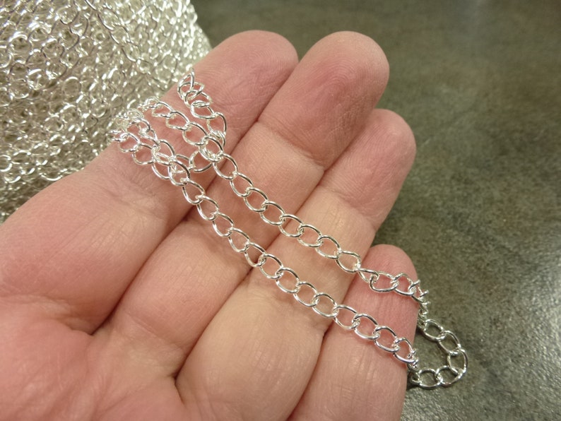 Bright Silver Tone Curb Chain 5x3.5mm Links Iron Base Metal Unfinished Open Links 10ft