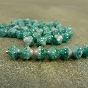 Teal Green and Light Pink Blend, Czech Glass Turbine Beads, 6mm, 50pc, Etched Pressed Glass Mulberry Saucer Rondelle