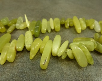 Olive 'Jade' Gemstone Beads, Top Drilled Freeform Drops, 15-20mm Avg, Stick, Serpentine Stone, 15" Strand