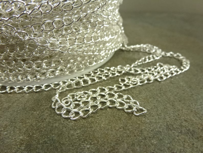 Bright Silver Tone Curb Chain 5x3.5mm Links Iron Base Metal Unfinished Open Links 10ft