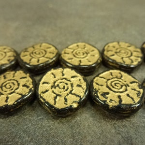 4pc Jet/Gold Rustic Sun Beads, 16mm Irregular Coin, Czech Pressed Glass