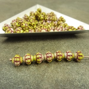Lavender Garden Etched, Czech Glass Turbine Beads, 6mm, 50pc, Etched Pressed Glass Mulberry Saucer Rondelle Purple Green Wine Etch