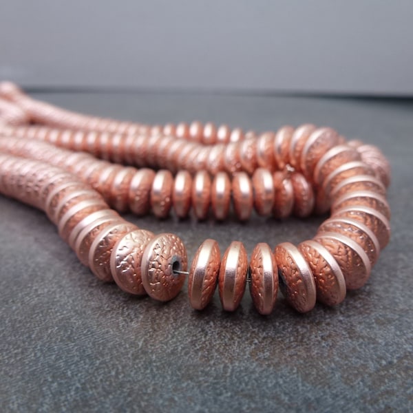 Matte Bumpy Rose Gold Hematite Beads, 3x8mm Saucer, 15" Strand Non-Magnetic Vacuum-Coated, Plated