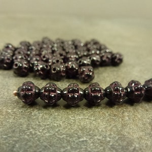 Jet Black, Dark Pink Metallic Etch, Czech Glass Turbine Beads, 6mm, 50pc, Etched Pressed Glass Mulberry Saucer Rondelle