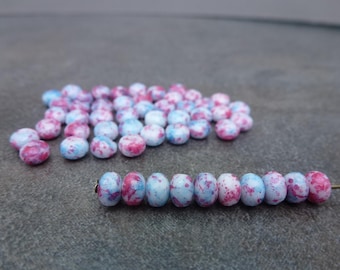 Rose/Sky Blue Watercolor Gem Cut Rondelle, Czech Glass Firepolish Beads, 3x5mm, 50pc, Faceted Donut