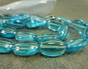 6pc Aqua/Gold Oval Melon Beads, 17x11mm Czech Pressed Glass, Flat Fluted