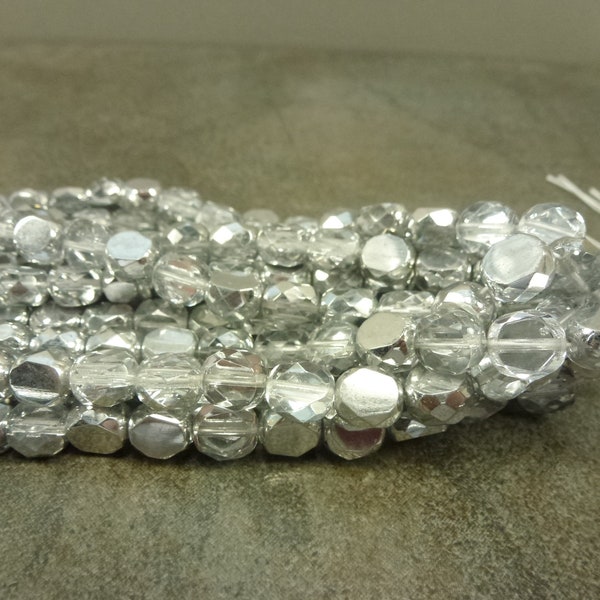 Crystal Silver Mirror Table Cut Beads 8mm Faceted Coin Czech Glass 25pc Firepolished 2-Way Cut