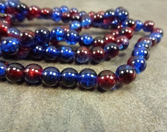 100pc Dark Red/Blue Crackle Glass Beads, 8mm Round, Budget Glass Beads