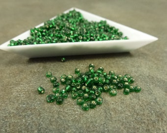 Silver-Lined Emerald Seed Beads, 2mm, Vintage Venezuelan, 25 Grams, Approx 10/0