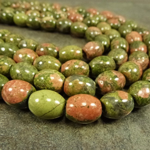 10pc Unakite Barrel Beads, 13x11mm, Natural Gemstone, Green Orange