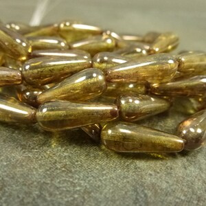 10pc Olive Bronze Luster Teardrop Beads, 15x6mm Czech Pressed Glass, Dangle Drop