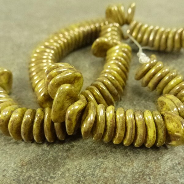 Yellow Bronze Picasso Czech Pressed Glass 7x8mm Rose Petal Beads 25pc Drop Front Drilled Metallic Luster