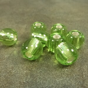 Spring Green Silver Lined Smooth Roller Czech Glass Beads 9x12mm Large Hole, 8pc, Crow Pony Rondelle Donut Smooth Foiled