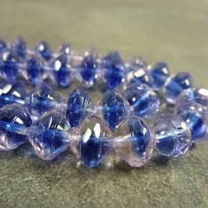 8pc Sapphire/Pink Blend Faceted Saucer Beads, Faceted Czech Glass, 7x9mm Saturn, Firepolished