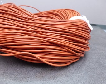 May include: A coil of orange leather cord. The cord is tightly wound, creating a dense bundle. The color is a warm, earthy orange, and the texture appears smooth. This material is suitable for crafting and jewelry making.