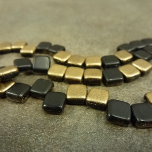 30pc Matte Jet Gold Czech Pressed Glass Beads 6mm 2-Hole Tile Square