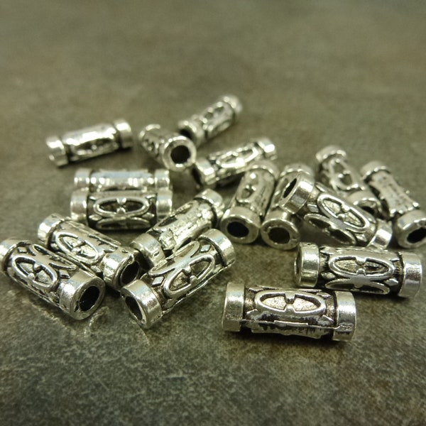 25pc Fancy Tube 13x5mm Antiqued Silver Tone Metal Bead, 3mm Hole, Base Metal