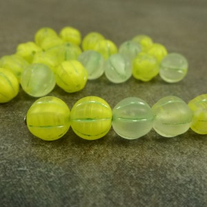 20pc Frosted Yellow/Crystal/Green Melon Beads, 8mm Czech Glass, Ribbed Round, Fluted