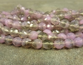 Pink Opal/Black Diamond Blend Vintage Czech Glass Firepolish Beads 8mm Faceted Round 25pc