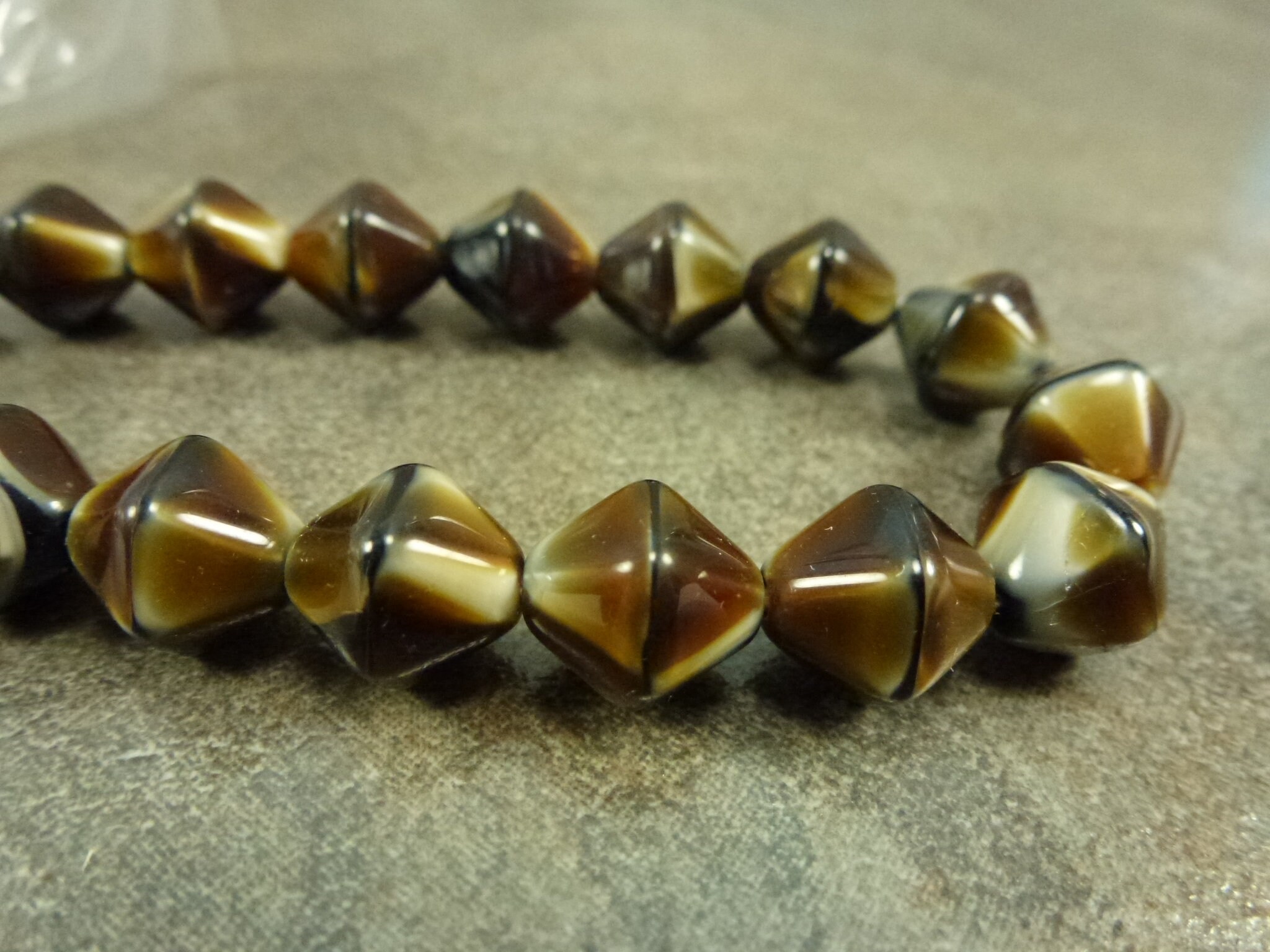 Vintage Czech Glass Beads Brown Cream Marbled Flat Bicone Tiger Eye 15mm 10