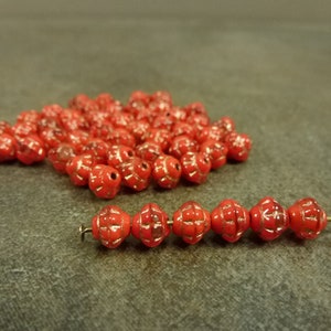 Flame Orange-Red with Gold Etch, Czech Glass Turbine Beads, 6mm, 50pc, Pressed Glass Mulberry Saucer Rondelle