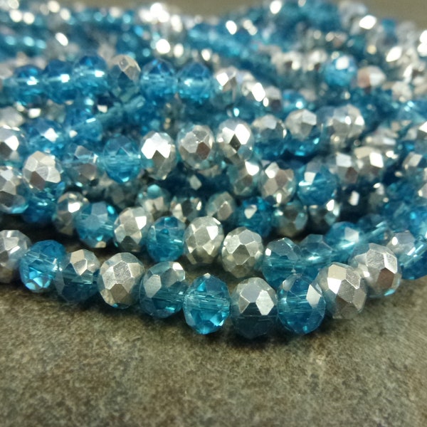 Dark Aqua/Silver Faceted Rondelle Beads, Sparkly Chinese Crystal 5x6mm, 15" Strand, Glass Beads