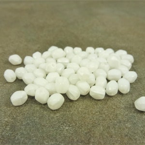 50pc Silky White Vintage Glass Beads, 6mm Faceted Oval, West German Pressed Glass