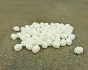 50pc Silky White Vintage Glass Beads, 6mm Faceted Oval, West German Pressed Glass