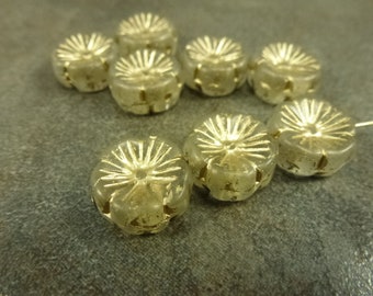 10pc Crystal/Gold 14mm Flower Beads, Czech Pressed Glass