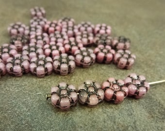 25pc Pink/Crystal/Black Flower Beads, 8mm Czech Glass