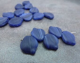 20pc Matte Dark Blue Stripe Wavy Leaf Beads 12x14mm Side Drilled Czech Pressed Glass