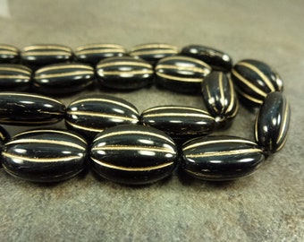 6pc Jet/Gold Oval Melon Beads, 17x11mm Czech Pressed Glass, Flat Fluted
